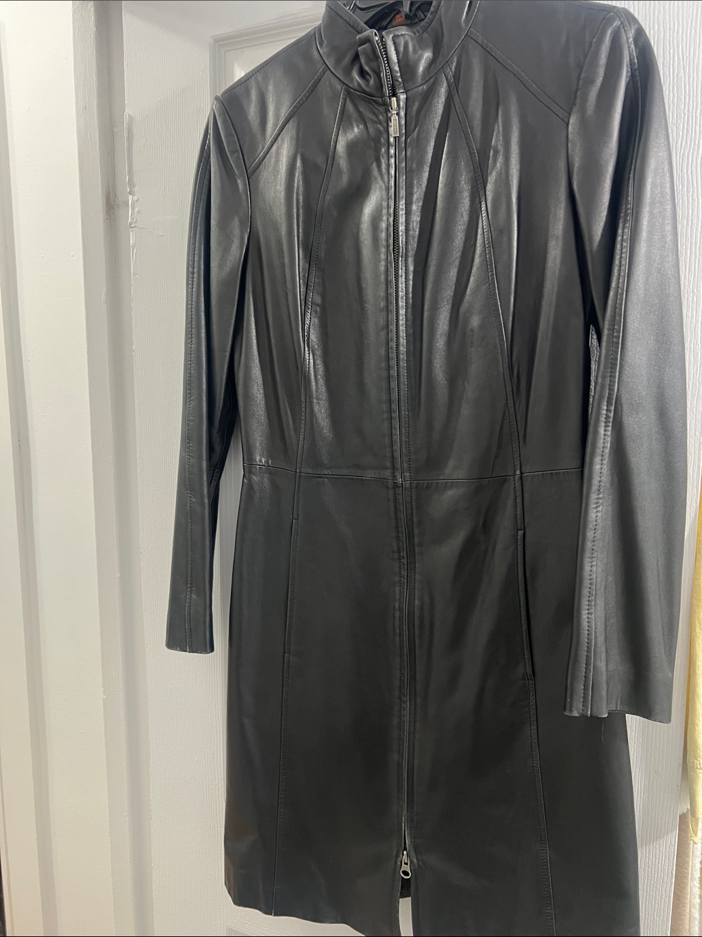 Danier Black Leather Matrix Style Long Zip Coat